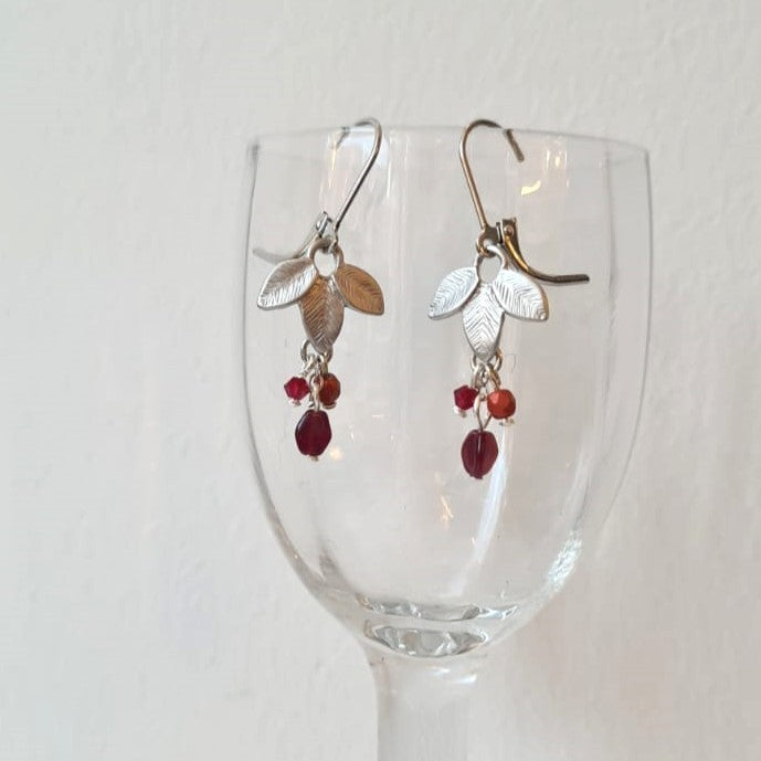 Parure "Trio de Feuilles", Argentée-rouge