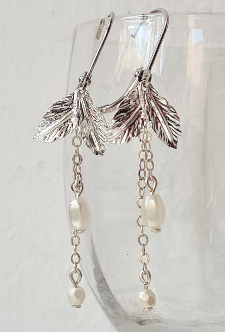 Parure 2 pièces Petite Feuille Longues Argentée