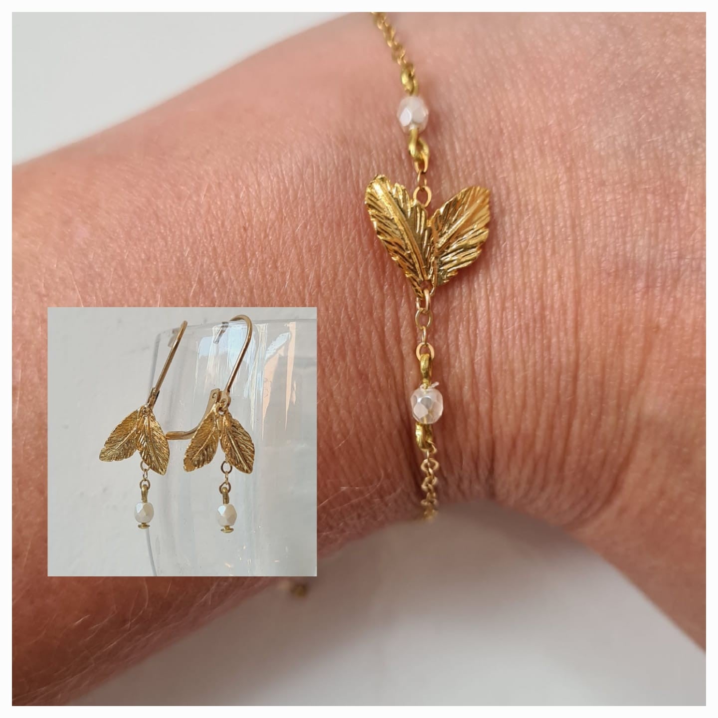 Parure 2 pièces Petite Feuille courte Bracelet et Boucles d'oreilles